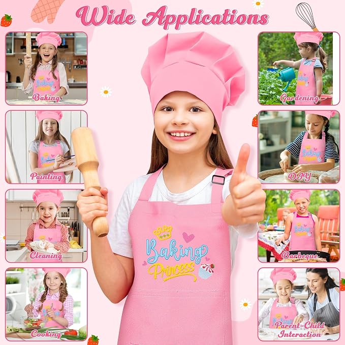 R HORSE 2 Pieces Kid Apron and Chef Hat Set, Dress up Role Play Chef Toy | Pink Baking Princess Adjustable Children Kitchen Apron for Girl, Ideal for Cooking, Baking, Painting, Cooking Birthday Gift