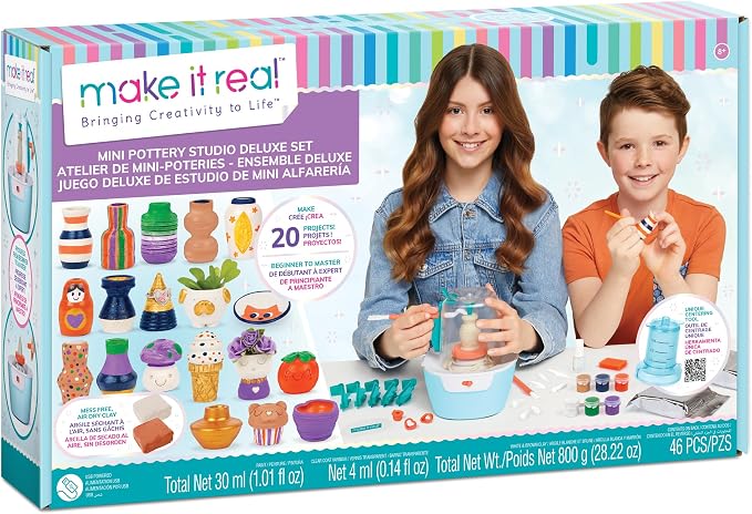 Make It Real: Mini Pottery Studio Deluxe Set - DIY All-in-1 Sculpting Craft Kit, All Skill Levels, Miniature Clay Projects, Kids Girls & Tweens Age 8+