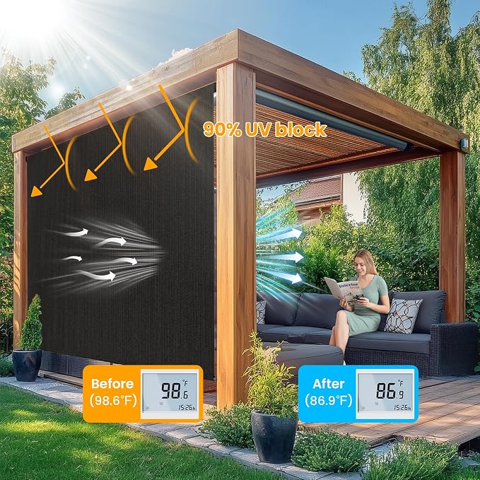 6'W x 8'H Black Patio Shades Roll up Outdoor Roller Shade Crank Wand Blind