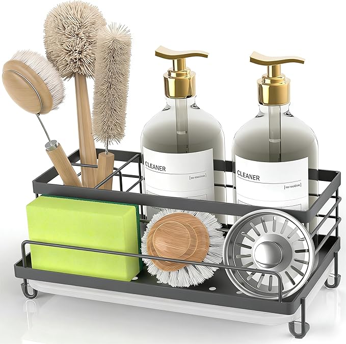 Cisily Gray Sponge Holder for Kitchen, Sink Caddy Sink Organizer Rack for Kitchen Accessories with Drip Tray, Rustproof and Non-slip, Soap Dispenser Countertop Organizer Essentials for New Home