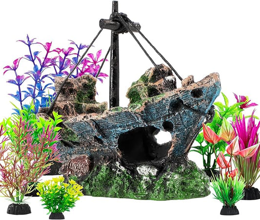 8Pcs Fish Tank Decorations Set Sunken Ship Decoration,Resin Material Fish Tank Accessories Accessories for Natural Look, Aquarium Shipwreck x 1pc, Aquatic Plants x 7pcs