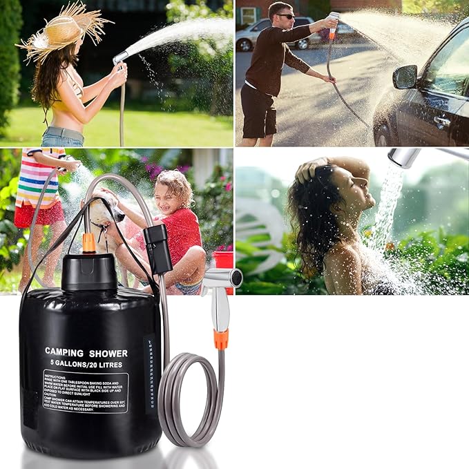 Portable camping shower,5 gallon/20 liter black PVC water bag,electric air pump,outdoor camping shower, solar water heater shower,built-in thermometer,beach,camping,hiking,outdoor shower ideal choice