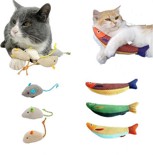 6 Pack Cat Toys, Catnip Toys with Plush Saury Fish & Mouse, Interactive Kicker Toy with Bell & Catnip for Indoor Cats, Kitten Toys for All Breeds