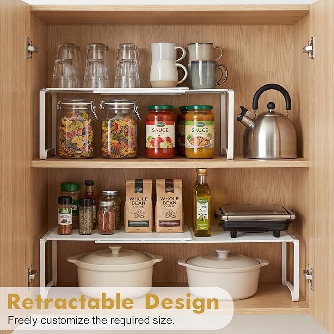 Extendable Dense Mesh Metal Shelf - 15-24.4in Adjustable Stackable Organizer for Kitchen, Bathroom, Shoe Cabinet & Tool Closet, Dust-Proof Small Item Friendly Storage Rack (2 Piece, White)