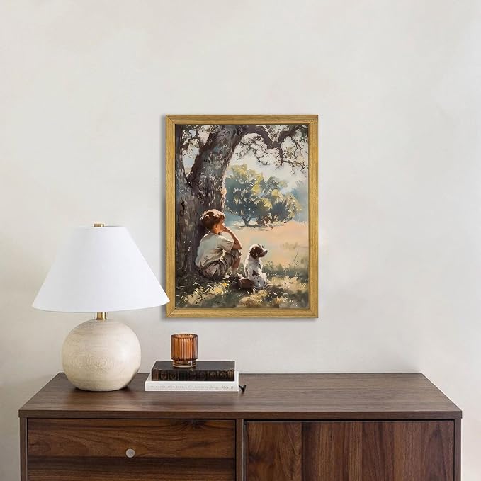 Wood Framed Canvas Wall Art, Vintage Boy and Dog Painting Poster, Countryside