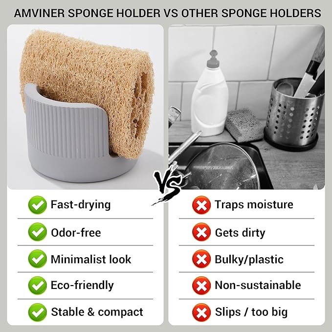 Quick Drying Diatomite Stone Sponge Holder, Compact Sponge Caddy for Kitchen Sink Counter, Water-Absorbing Round Organizer with Wide Slot, 1 Pack, Light Grey