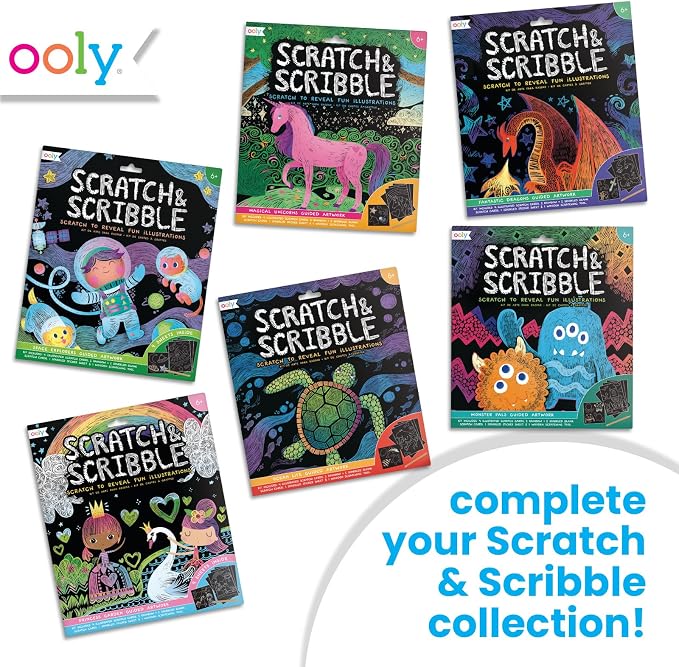 Ooly Scratch & Scribble Art Kit, 8 Cards, Sticker Sheet – Space Explorers | Ages 6+, Wooden Stylus and Stickers Included, Screen-Free Portable Car and Airplane Travel Activity, Gift for Kids