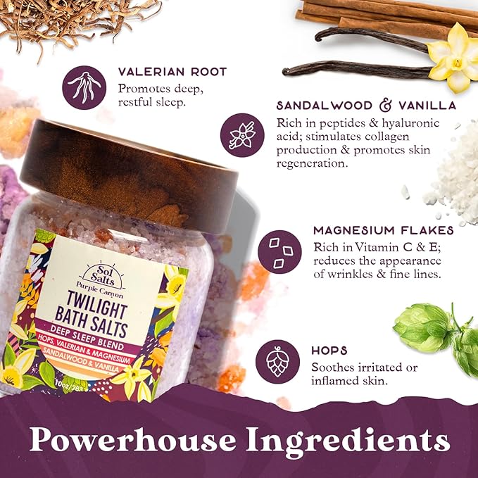 PURPLE CANYON SolSalts Twilight Deep Sleep Bath Salts 10oz | Magnesium-Infused Sandalwood & Vanilla Aromatherapy with Clay Crumbles