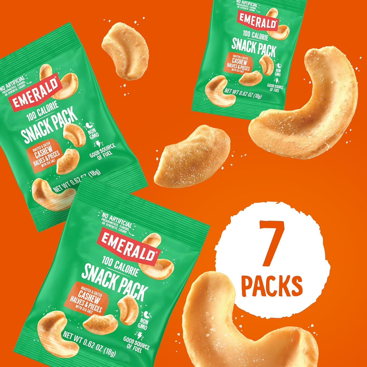 Emerald Nuts Roasted and Salted Cashews 7ct (1-Pack), 100-Calorie Individual Packs, Plant-Based Protein, Kosher Certified, Non-GMO, Contains No Artificial Preservatives, Flavors or Synthetic Colors