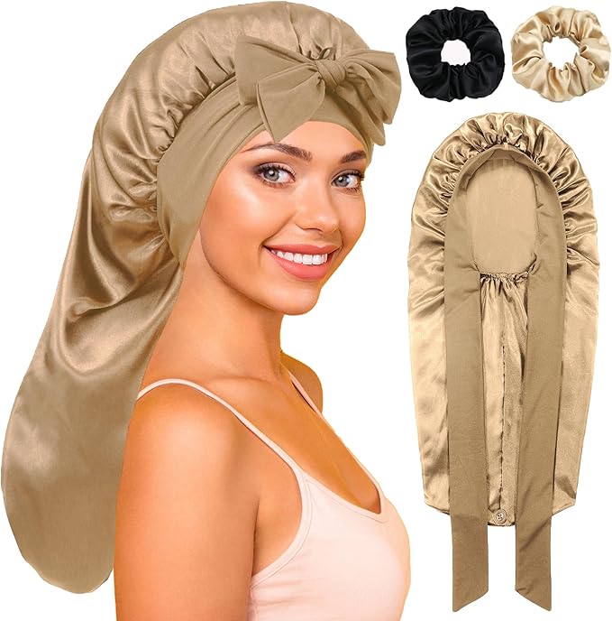 Long Satin Bonnet with Tie Band for Sleeping Women - Silk Sleep Bonnet for Curly Hair and Braids