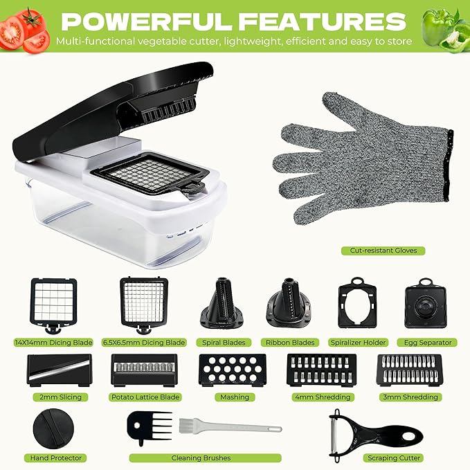 17 in 1 Vegetable Chopper, Multifunctional Food Chopper with Container, Stainless Steel Blades, Onion Chopper, Salad Slicer, Dicer, Spiralizer, Kitchen Gadgets with Cut-Resistant Gloves, BPA-Free