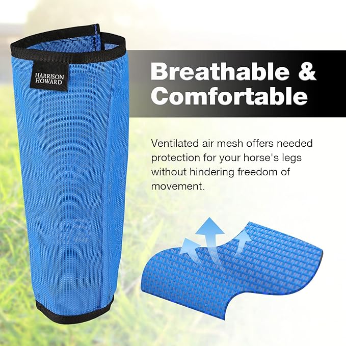 Harrison Howard Loose Fitting Fly Boots UV-Protective Extra Tough Mesh Ventilated Four Fasteners Stay-on Design Protect Horse Legs & Stomp-Reducing Set of 4 Sky Blue Small