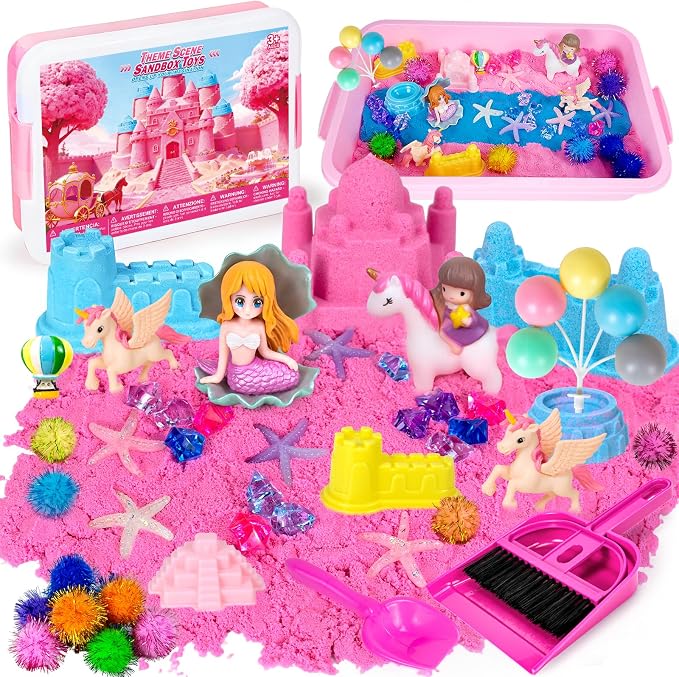 Sensory Bins, 48Pcs Unicorn Sandbox with Cover Play Sand Art Kits | Toddlers Sensory Sand Box Toys with Magic Sand, Unicorns, Mermaid, Cleaning Tools, Birthday Gifts for Kids Age 3 4 5 6 7 8