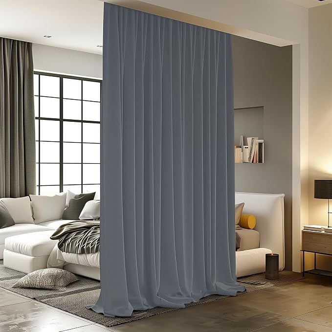 Room Divider Curtains for Ceiling Track Rod, 10 ft Wide x 9 ft Tall, Dark Grey