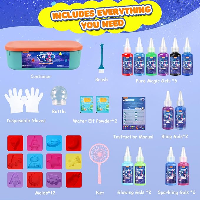 URMYWO Aqua Fairy Water Gel Kit, Magic Water Elf Toy Kit | Water Pets,Space DIY Squishy Maker Set,12 Gels & 12 Molds,Make Your Own Squishies Toys,Party Favors Birthday Gifts for Kids