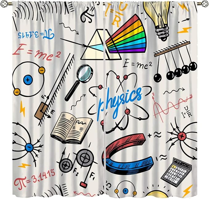 Science Physics Window Curtains, Abstract Math Chemistry Curtain Scientist Graffiti Print Window Treatments for Kids Teens Bedroom Living Room Set 2 Panels,63x72 Inches