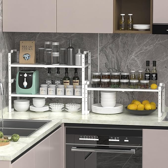 Jojocross Expandable Shelf for Cabinet Organizer Adjustable Stackable Spice Rack at Kitchen and Bathroom More,2 Packs/White, Medium