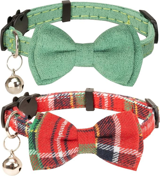 Collar for Cat Pet Breakaway with Bell Bowtie Detachable Bow Adjustable Safety Kitten Puppy Girl Boy 2pcs Christmas-B