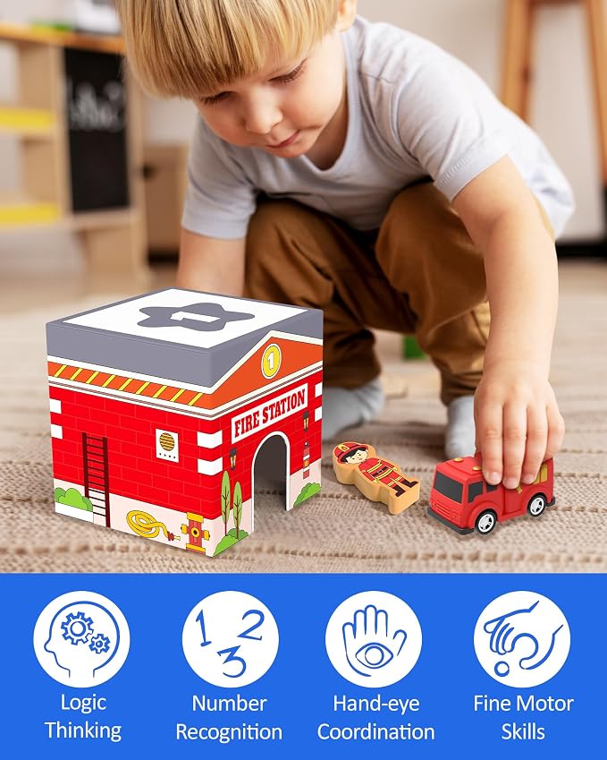 Coogam Montessori Sorting & Stacking Blocks with Nesting Garages Cars | Stackable Number Boxes for Toddlers Learning Community Helpers, Preschool Educational Toy Gift for 2 3 4 Year Old Baby