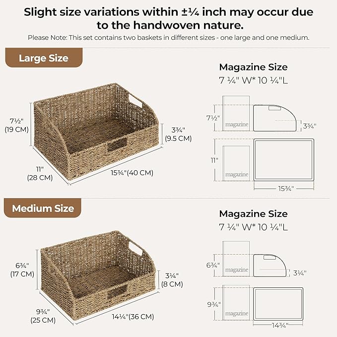 StorageWorks Pantry Baskets for Organizing, Seagrass Storage Baskets for Shelves with Built-in Handles, Pantry Organizers and Storage, Set of 2 (Large and Medium)