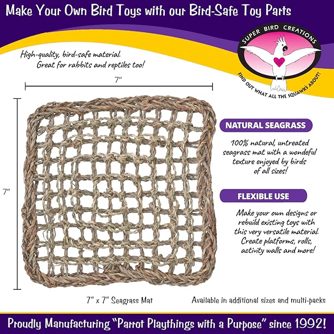 Super Bird Creations SB50002 Seagrass Mat for Cage Decor, Pet Enrichment and Boredom Relief - Versatile Toy-Making Base - Ideal for Parrots - Small to Large Birds & Reptiles - 7"x7" (3 Pack)