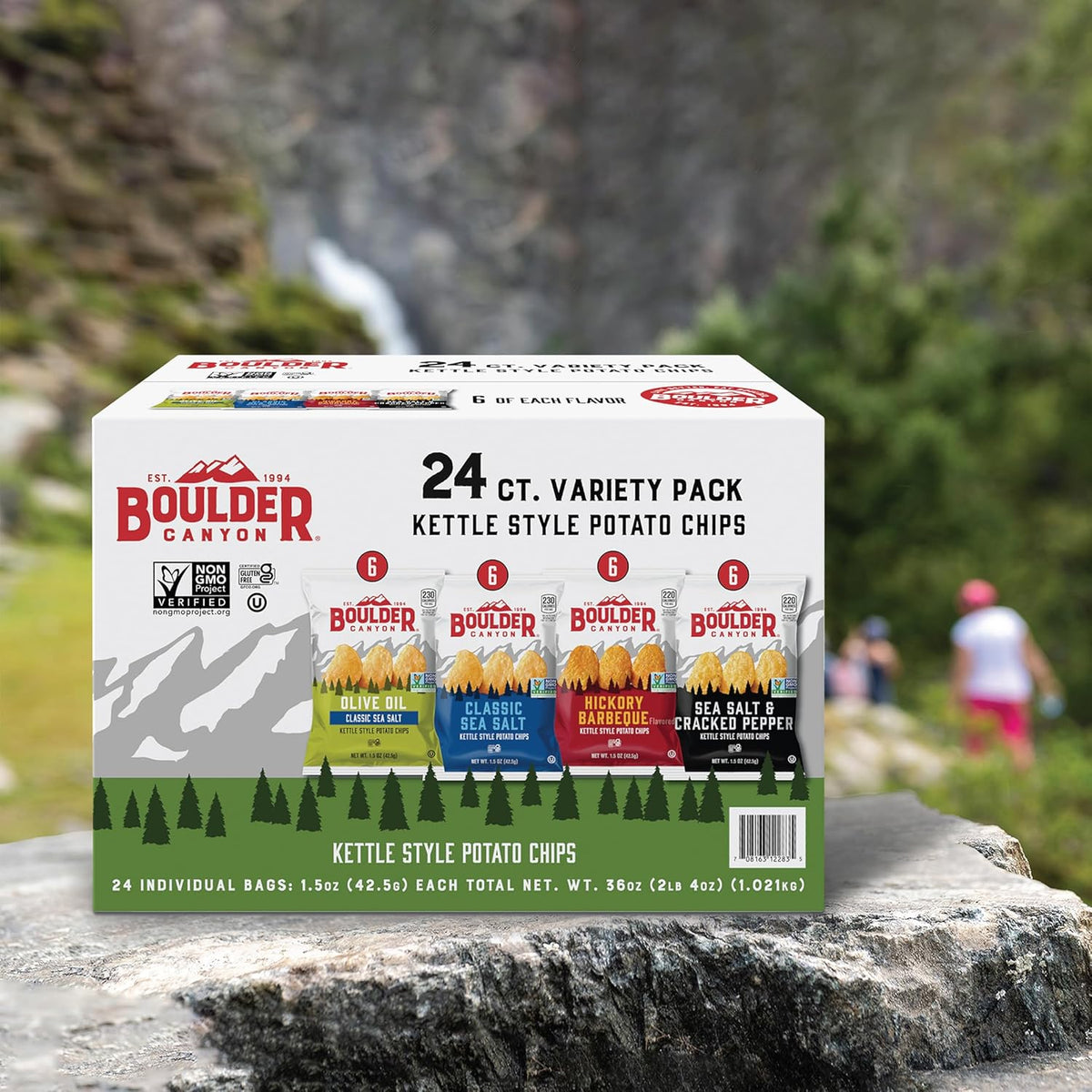 Boulder Canyon Kettle Style Potato Chips Variety Pack, 24 Count, Assorted 1.5oz. Bags, Olive Oil Classic Sea salt, Hickory BBQ, Sea Salt & Cracked Pepper, Classic Sea salt