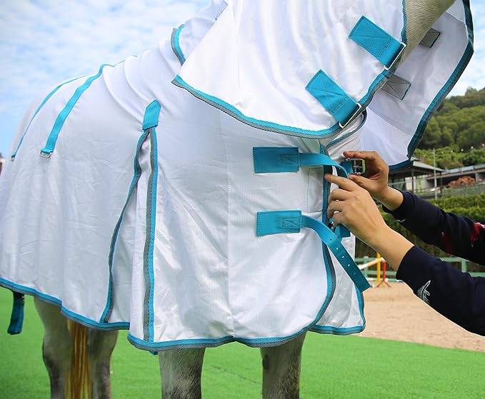 Horse Fly Sheet with Detachable Neck Cover & Belly Wrap, Adjustable Fly Sheet for Horses, Ventilated Airflow Mesh Equine Cooling Summer Flysheet White 66