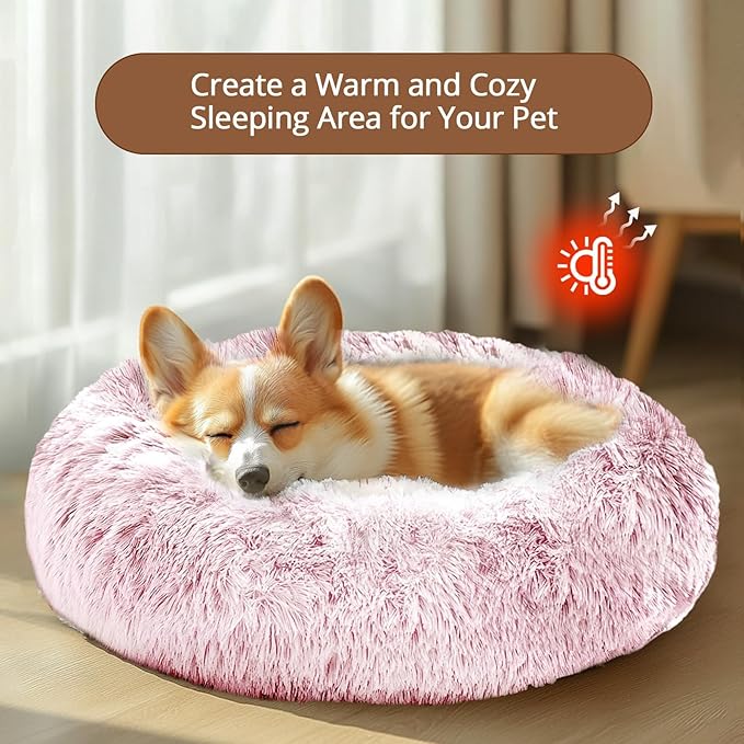 JOLLYVOGUE Medium Calming Dog Bed, Anti-Anxiety Donut Cuddler Cat Bed with Anti-Slip Bottom, Fluffy Faux Fur Machine Washable Pet Cushion for Medium Dog & Cat, 27"/Smoke Pink