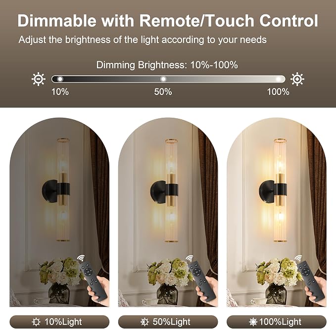 Black Gold Battery Operated Wall Sconces Set of 2, Rechargeable Wall Lights