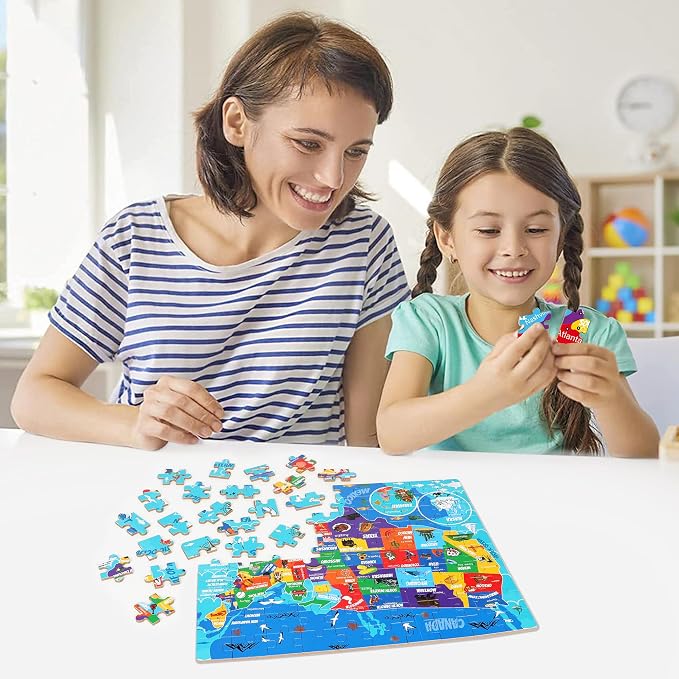 LELEMON United States Puzzles for Kids Ages 4-8,100 Pieces USA Sea Map Jigsaw Puzzles in a Metal Box,Fun America Map Learning Educational Toys for Boys Girls