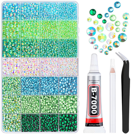 20000Pcs Green Rhinestones for Bedazzling with 1Pcs B7000 Jewelry Glue, Resin Rhinestones for Crafting Crafts DIY, Bedazzler Kit Gems for Clothing Shoes Tumblers Nail Art Assorted Size 3/4/5/6mm