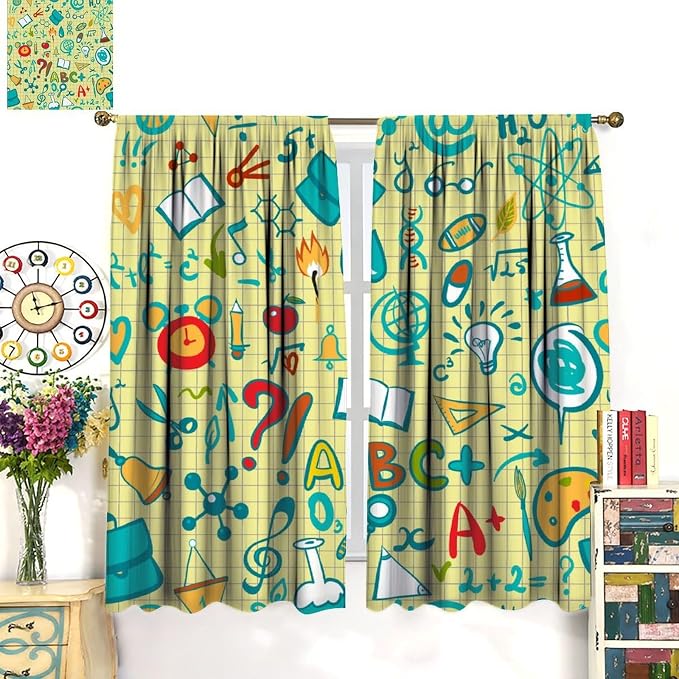 Science Physics Curtains, Abstract Math Chemistry Curtain Scientist Graffiti Print Window Treatments for Kids Teens Bedroom Living Room Set 2 Panels,84x84 Inches