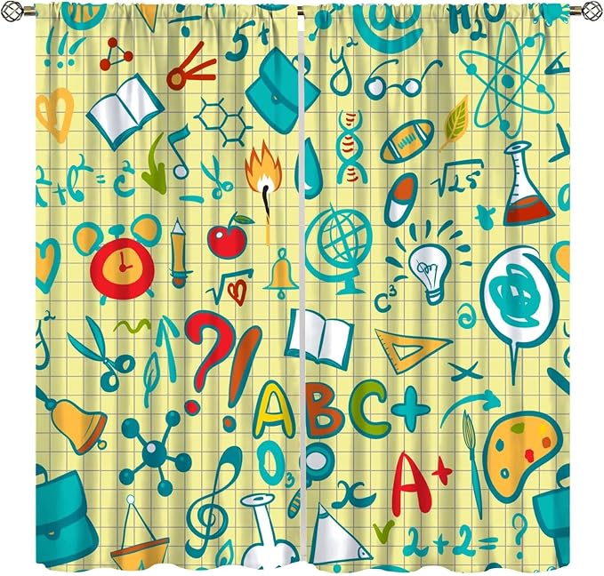 Science Physics Curtains, Abstract Math Chemistry Curtain Scientist Graffiti Print Window Treatments for Kids Teens Bedroom Living Room Set 2 Panels,84x84 Inches