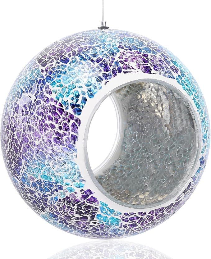Yinns Bird Feeder - Glass Birds Feeder Outside Hanging, Mosaic Fly Through Birdfeeder with Oval Stained, Outdoor Garden Decor, 6.5 inch