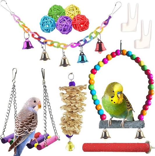 SunGrow Parrot Swing and Perch Bundle, Keep Birds from Hatching Plans for World Domination with Joyful Colorful Items for Love Birds, Conures, Cockatiels, Finches, Parakeets, 12 Pieces