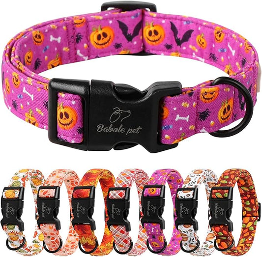 Halloween Dog Collar, Cute Pumpkin Bat Pattern Halloween Purple Puppy Collar, Soft Adjustable Cotton Dog Collars for Small Medium Large Boy&Girl Dogs L