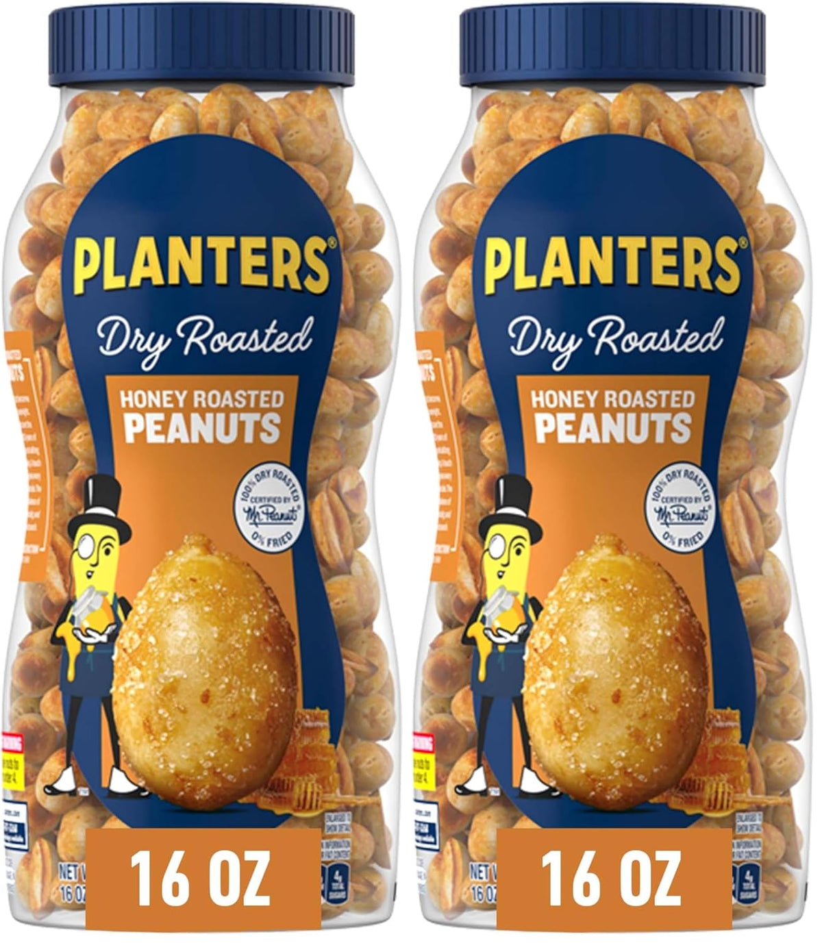 PLANTERS Honey Roasted Peanuts, Dry Roasted Peanuts, Party Snack, Plant-Based Protein, After School Snack, Sweet and Salty, Salted Nuts, Sea Salt & Honey, Snacks for Adults, Kosher, 16oz Jar