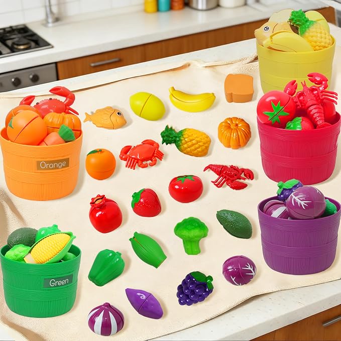 Play Food Sets for Kids Kitchen - Learning Toy Color Sorting | Cutting Toy Food - Safe ABS Materials, Play Food for Toddlers 1-3, Great Gifts for 3-8 Years Old Boys & Girls
