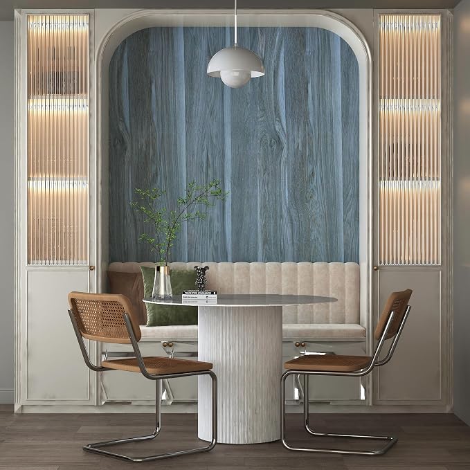 BOMENG Blue Wood Wallpaper Stick and Peel Peacock Wood Grain Contact Paper