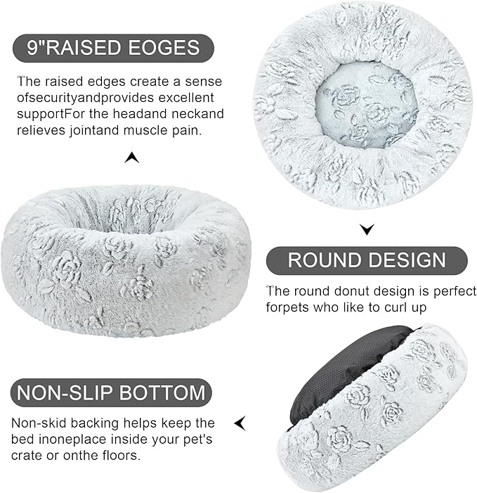 Dog Calming Beds for Small Medium Large Dogs - Round Donut Washable Puppy Dog Bed, Anti-Slip Faux Fur Fluffy Donut Cuddle Anxiety Cat Pet Bed (28" Rose)