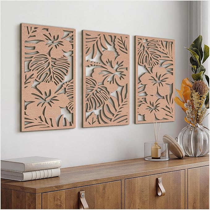 VIYYIEA Boho Solid Wood Carved Wall Art Set of 3, Geometric Minimalist Wooden