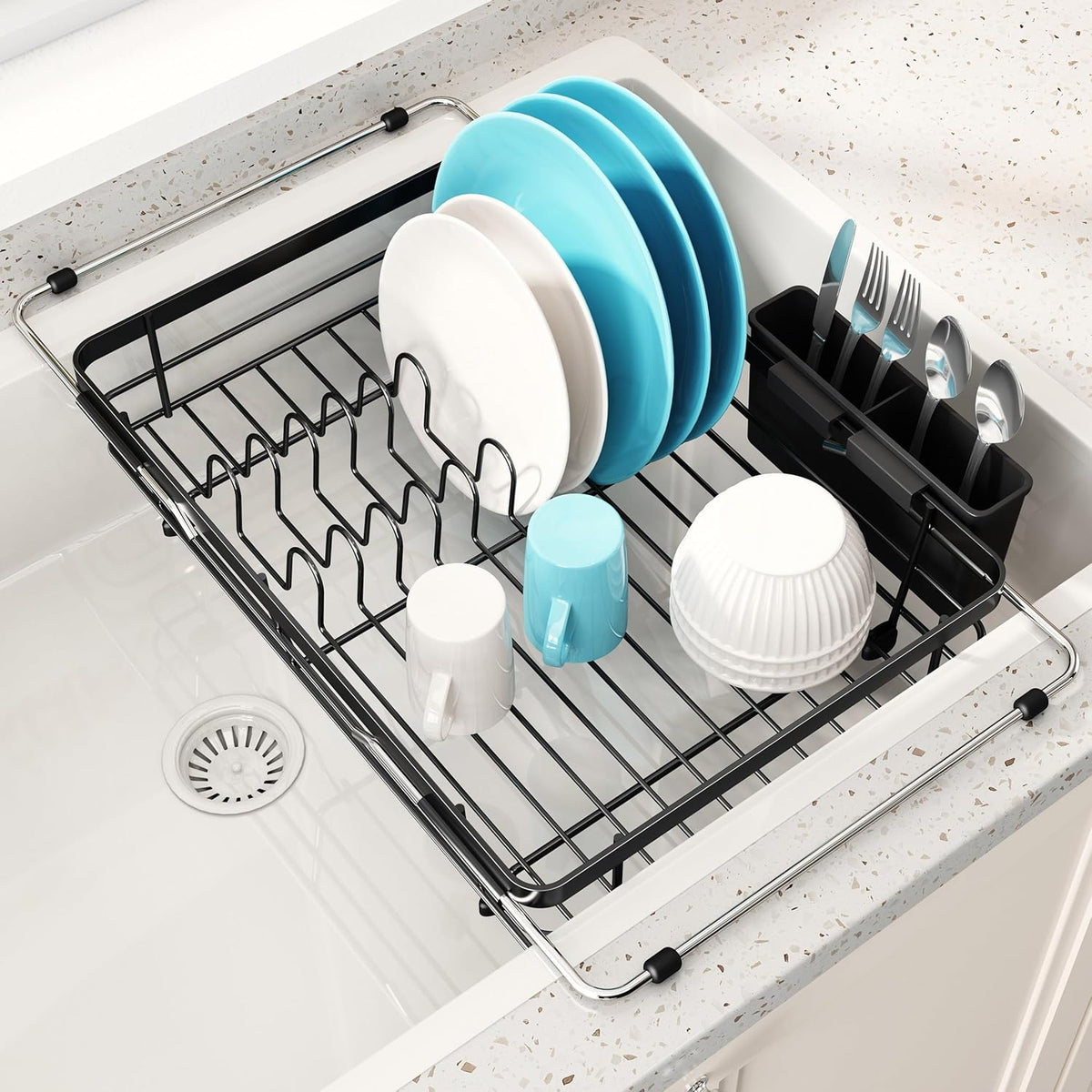 JASIWAY Dish Drying Rack in Sink, Expandable Stainless Steel Dish Drainers for Kitchen Counter, Dish Dryer Rack for Inside Sink, Over The Sink Dish Racks with Utensil Holder, Silver