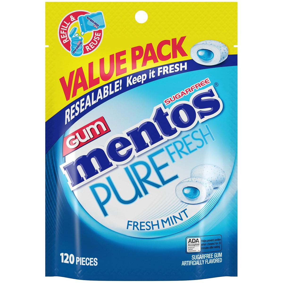 Mentos Pure White Sugar-Free Chewing Gum With Xylitol, Sweet Mint, 120 Piece Bulk Resealable Bag (Pack of 1)
