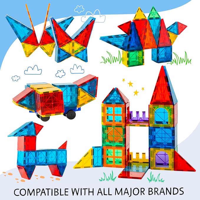 SUNNY AUNTIE Magnetic Tiles STEM Toys Building Set, Ages 3+ - 180 Pieces | Magnetic Tiles Building Toys, STEM Toys, Magnetic Blocks Construction Set, with 2 Cars & Guide Booklet for Kids Ages 3+