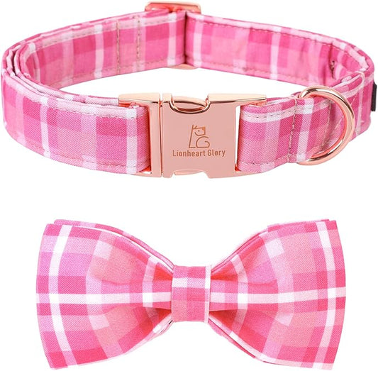 Lionheart glory Pink Plaid Dog Collar, Adjustable Dog Collar with Bowtie, Pet Gift Girl Collar for Dog Soft Bowtie Dog Collars for Large Dogs
