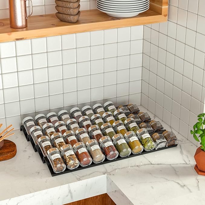 Sezanrpt Acrylic Spice Drawer Organizer Rack Adjustable From 12 Inch to 24 Inch Wide, 4 Tier Spice Organizer Shelf for Kitchen Drawer Display, Kitchen Spice Rack Tray for Drawer