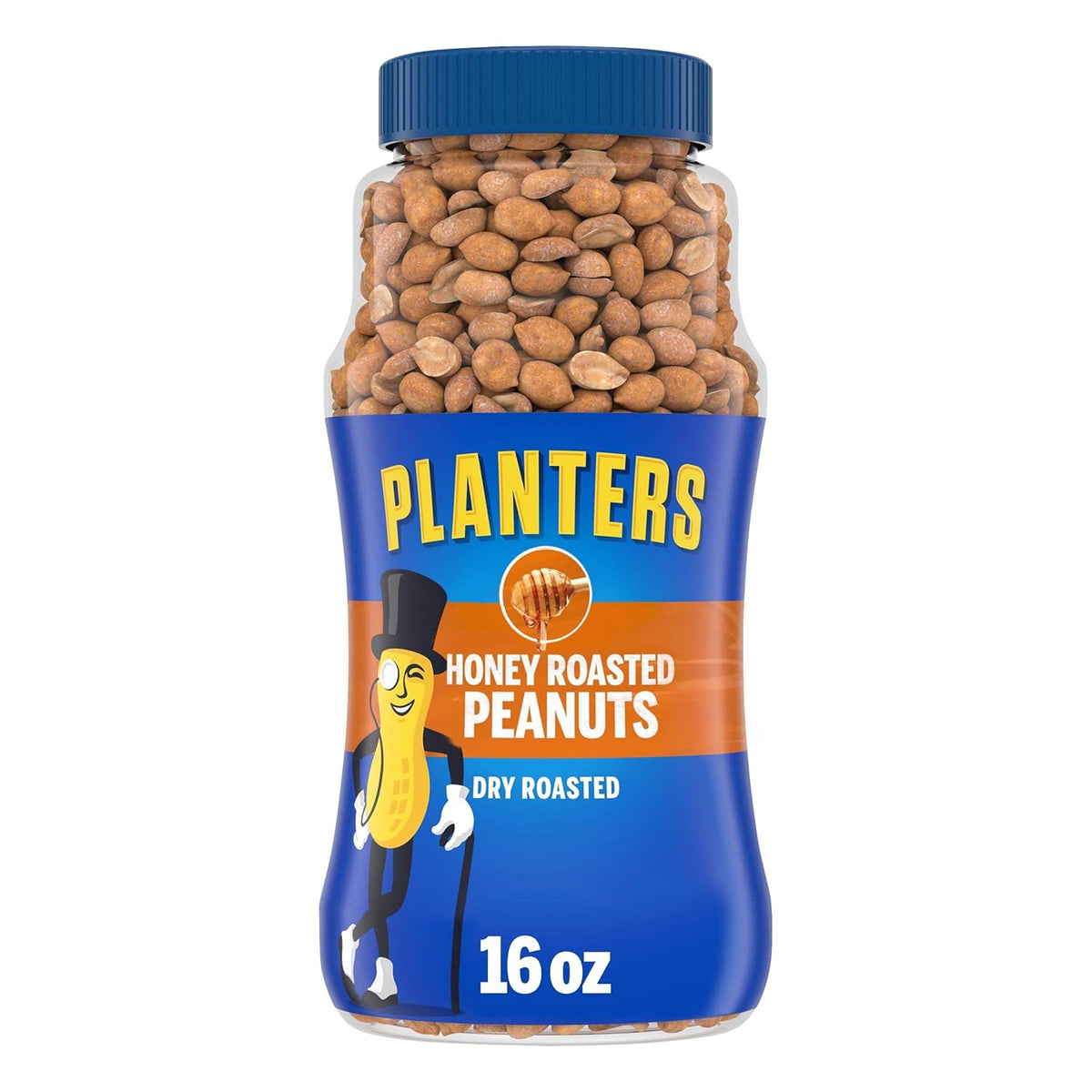 PLANTERS Honey Roasted Peanuts, Dry Roasted Peanuts, Party Snack, Plant-Based Protein, After School Snack, Sweet and Salty, Salted Nuts, Sea Salt & Honey, Snacks for Adults, Kosher, 16oz Jar