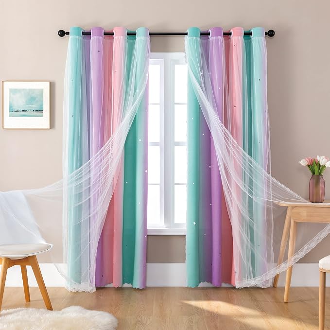 XiDi Pink Green Curtains 108 Inches Long, Unicorn Wall Decals