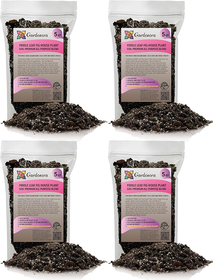 Gardenera Fiddle Leaf Fig Soil Mix - 20 Quart - Premium Blend of Peat Moss, New Zealand Bark, Coco Chips, and Perlite for All Purpose Planting - 4 Bags of 5 Quart
