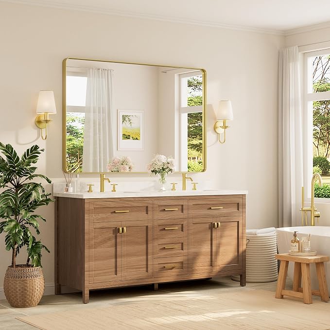 TETOTE 60 x 40 Inch Brushed Gold Frame Mirror, Brass Bathroom Vanity Mirror